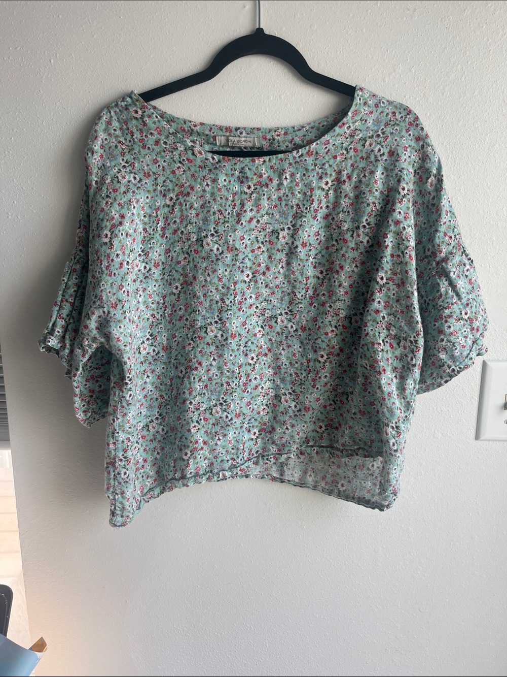 Mint Floral Boxy Blouse with Short Dolman Sleeves